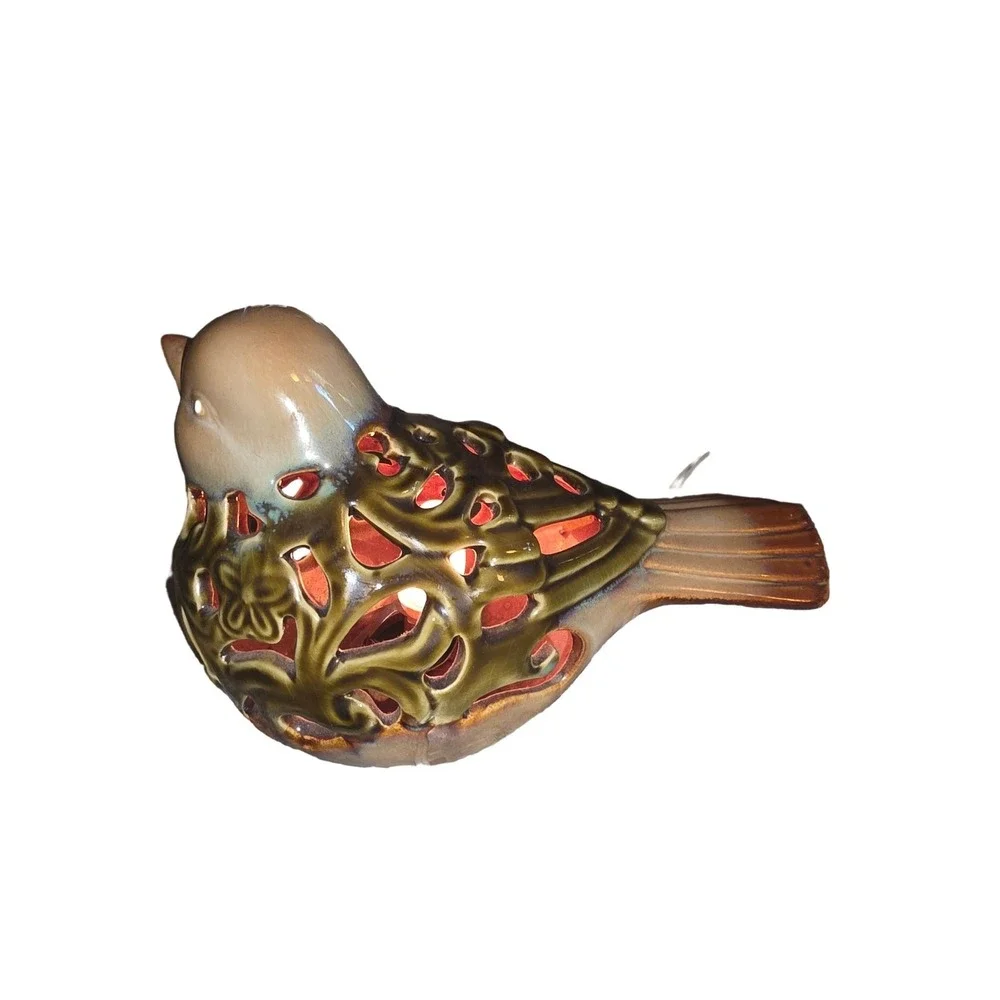 Ceramic Bird Tealight Candle Holder Cutout Glazed Figurine Lantern